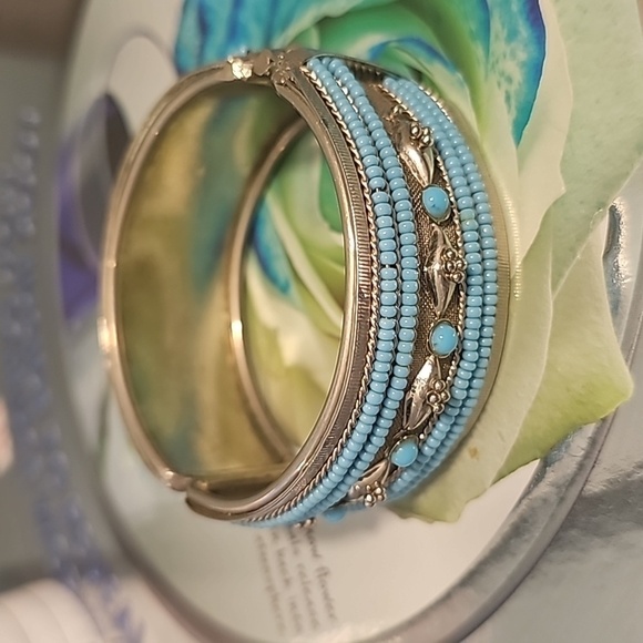 Vintage 1970's Beaded Boho Embossed Silver Hinged Bracelet - Picture 1 of 4